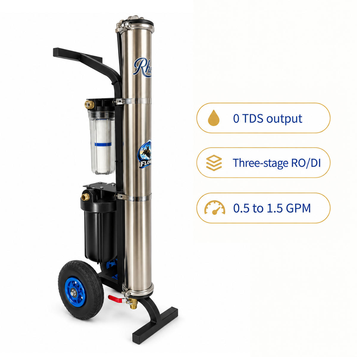 Rhodi 0 Flow water fed pole system with 0 TDS output, three-stage RO/DI filtration, and 0.5 to 1.5 GPM